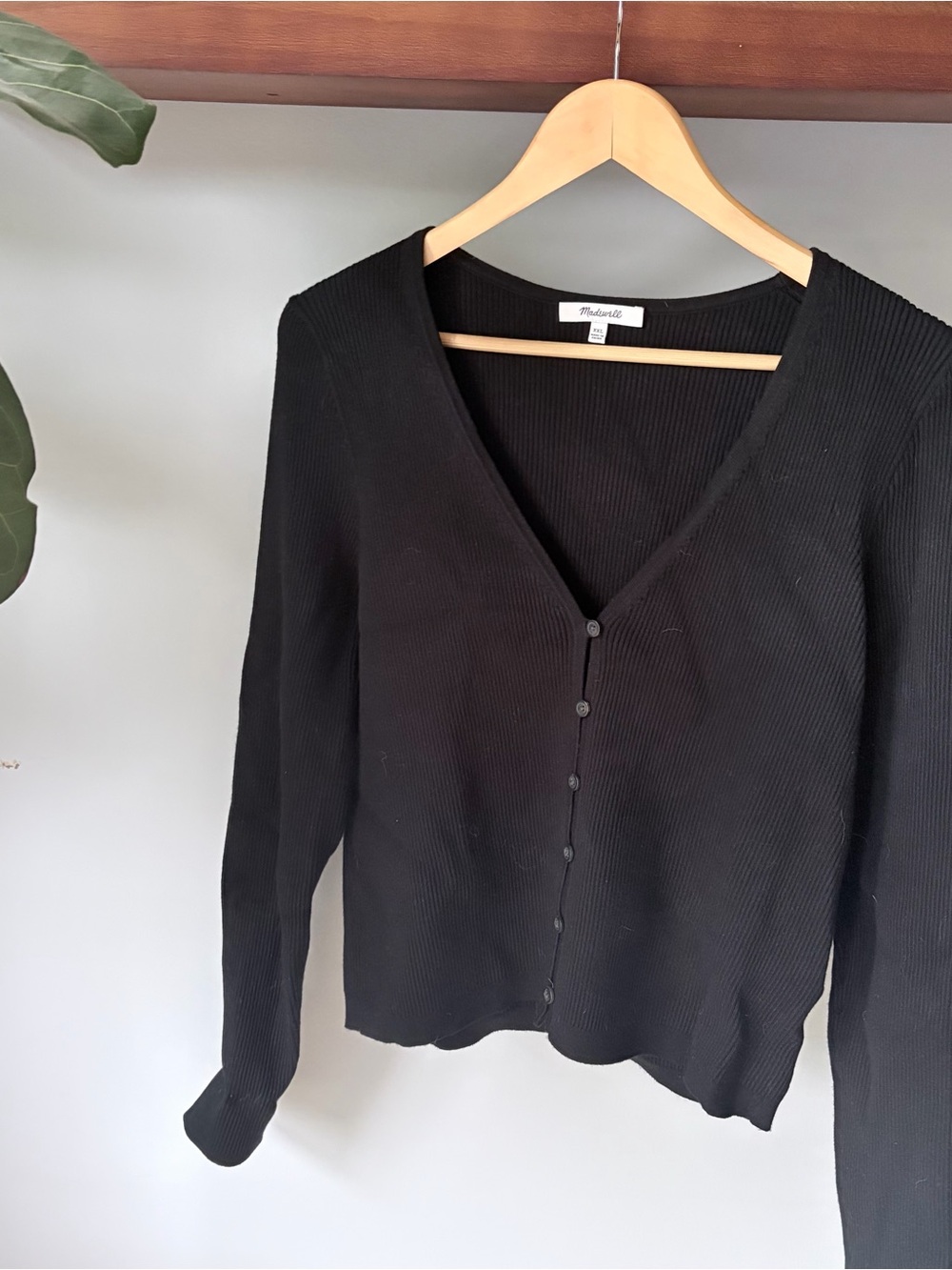 Madewell Black Ribbed V-Neck Cardigan with Button Front